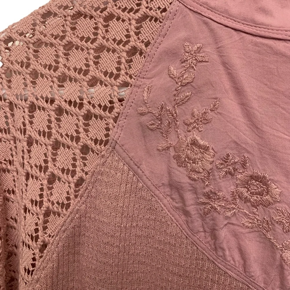 Free People Embroidered Crocheted Thermal High Neck Top
